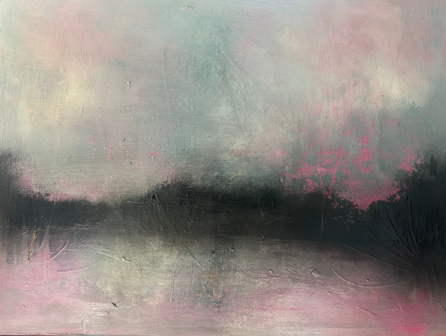 Pink sunset black shadow river Thames painting