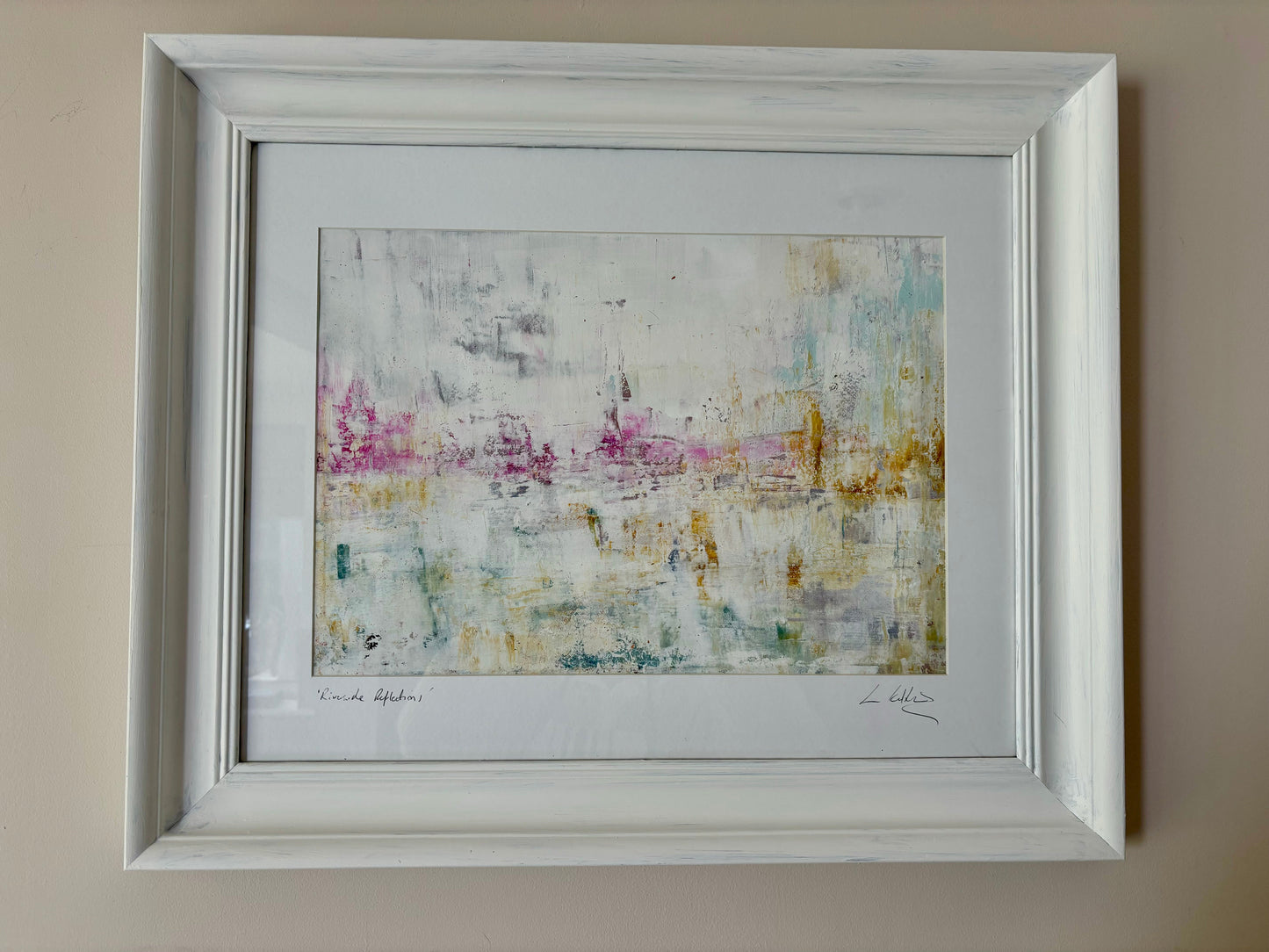 Riverside reflections contemporary lake painting laura kedzlie art