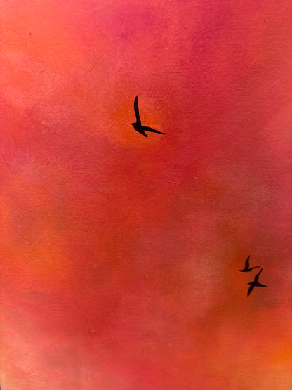 Orange pink sky painting with birds 