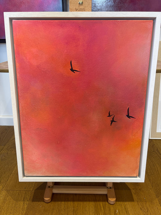 Pink orange abstract cloud sky painting with birds 