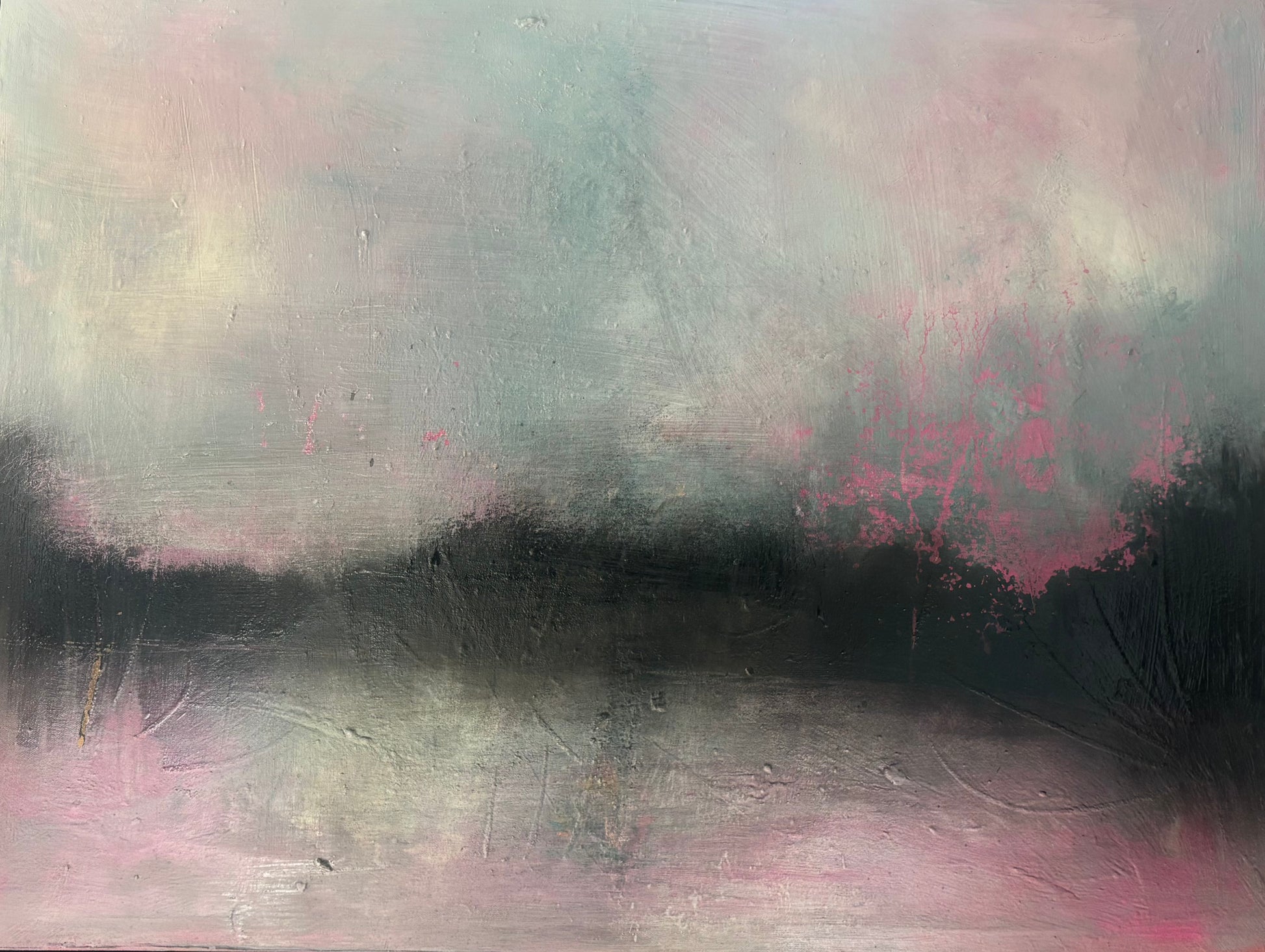 Pink sunset black shadow river Thames painting 