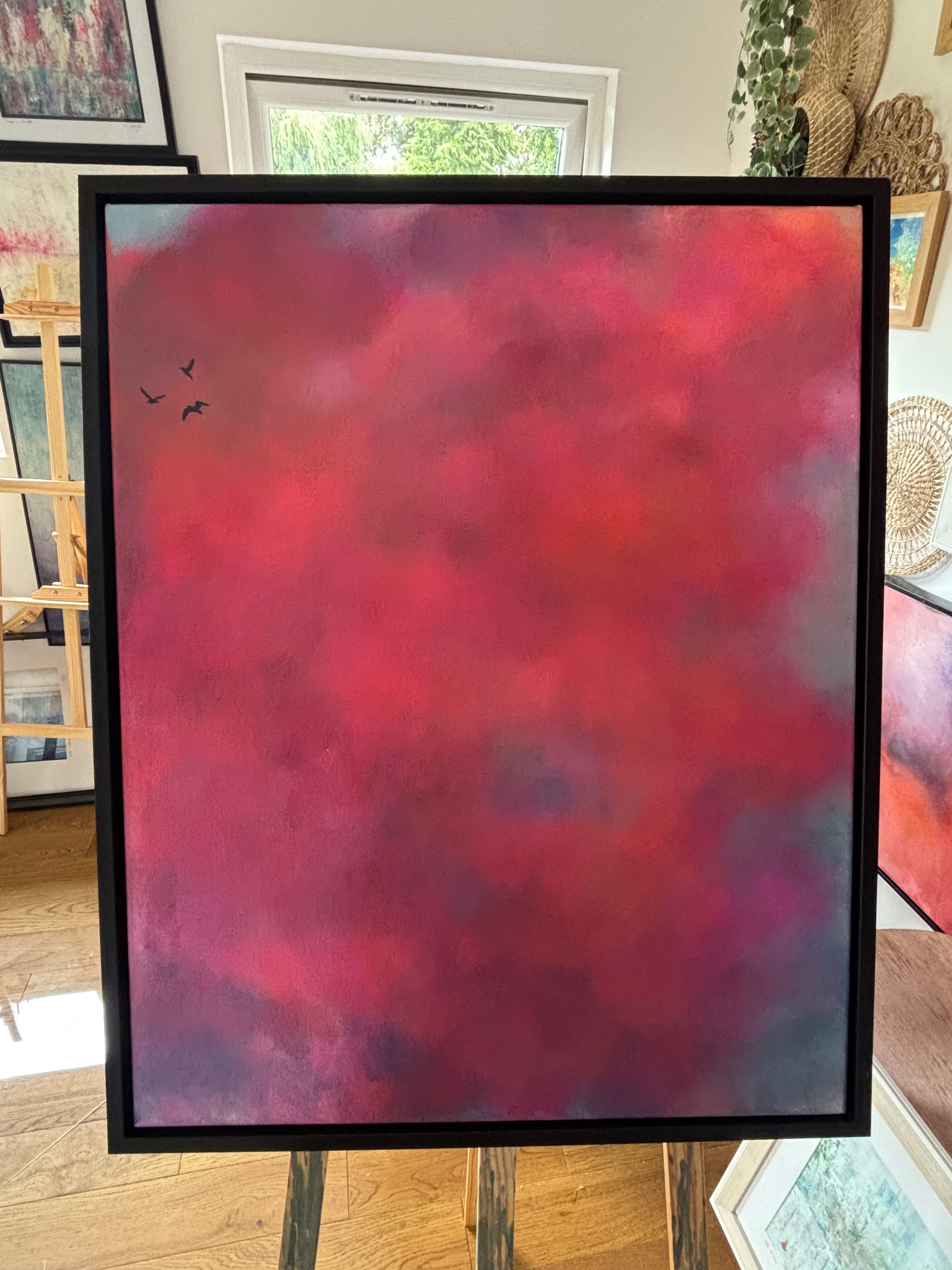 Pink sky cloud painting with birds 
