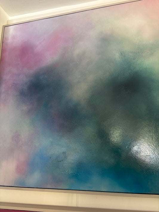 Pink blue grey cloud sky painting