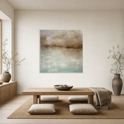 An abstract framed wall art print hangs on a beige wall in a minimalist, modern Japanese-style room with a low wooden table, floor cushions, and large ceramic vases.