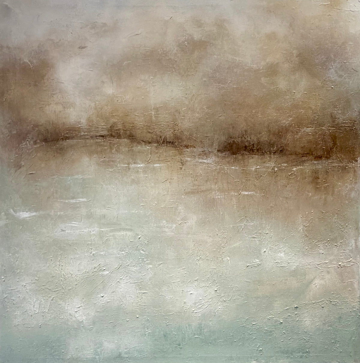 An abstract textured painting with a soft gradient from warm beige and brown at the top to pale gray-green at the bottom.