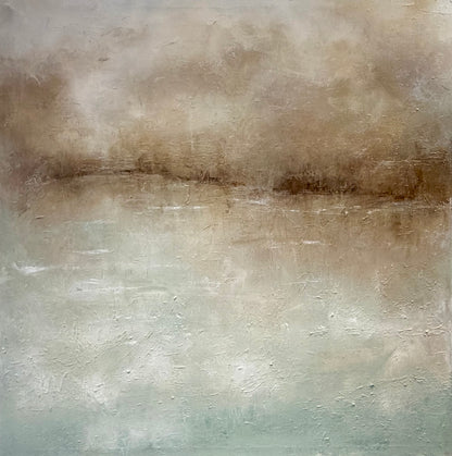 An abstract textured painting with a soft gradient from warm beige and brown at the top to pale gray-green at the bottom.