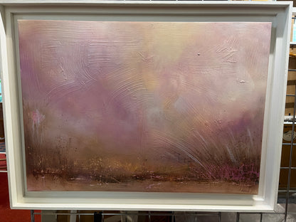 Framed abstract painting with a textured surface in soft colors.