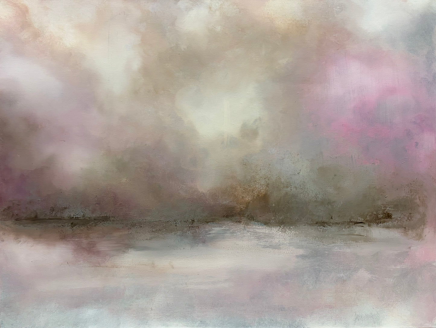 An abstract landscape painting featuring a misty, atmospheric scene with soft brushstrokes in muted gray, beige, brown, and pink tones.