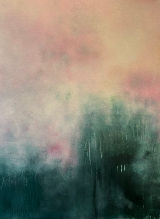 Through the mist pink and green abstract contemporary landscape painting