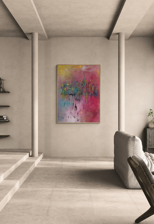 Abstract cityscape gold pink blue painting