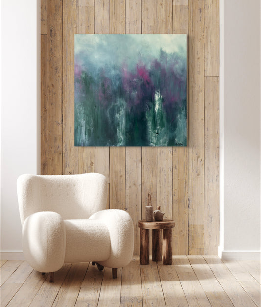 Tree abstract oils on canvas painting green and pink