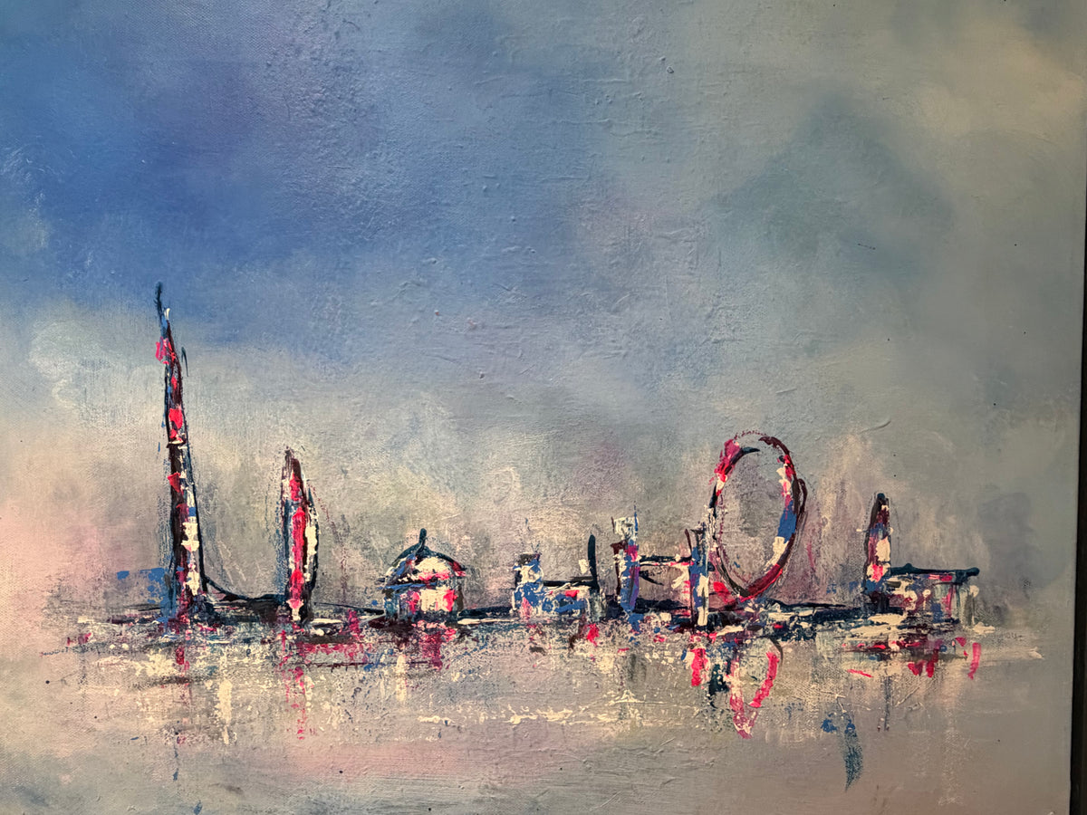 An impressionistic canvas painting of the London skyline, featuring stylized landmarks, with reflections on water below.