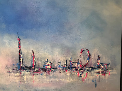 An impressionistic canvas painting of the London skyline, featuring stylized landmarks, with reflections on water below.