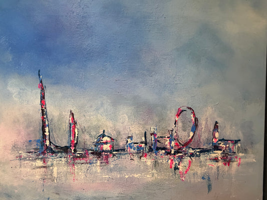 An impressionistic canvas painting of the London skyline, featuring stylized landmarks, with reflections on water below.