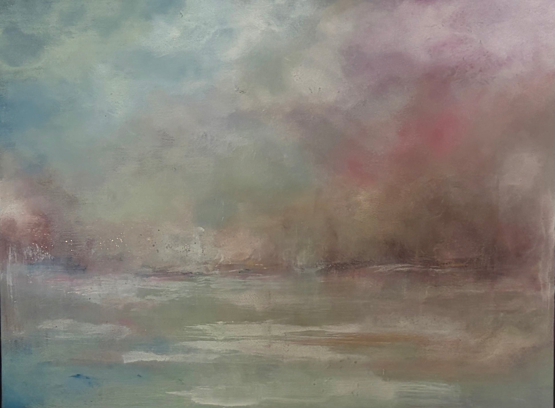 An impressionistic landscape painting featuring a misty sky with soft clouds in muted shades of gray, blue, beige, and hints of pink, reflecting over a calm water surface.
