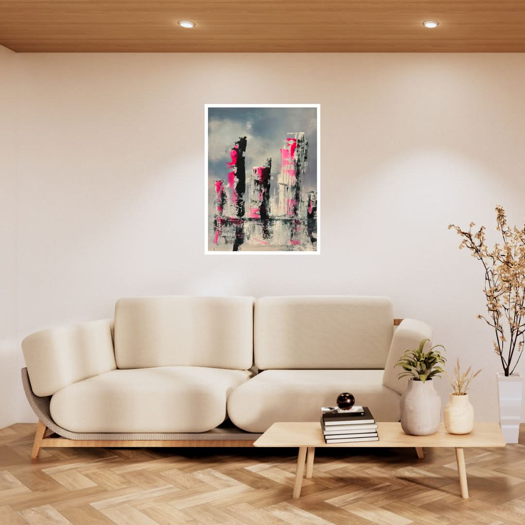 pink acrylic abstract cityscape
