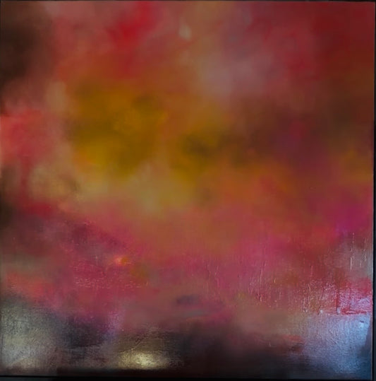 Abstract painting with a blend of pink, yellow, and red colors.