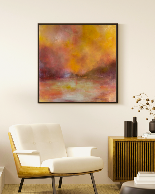 abstract sunset painting with warm yellow, orange, and red tones 