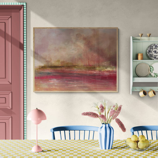 sunday walks landscape abstract painting in pink
